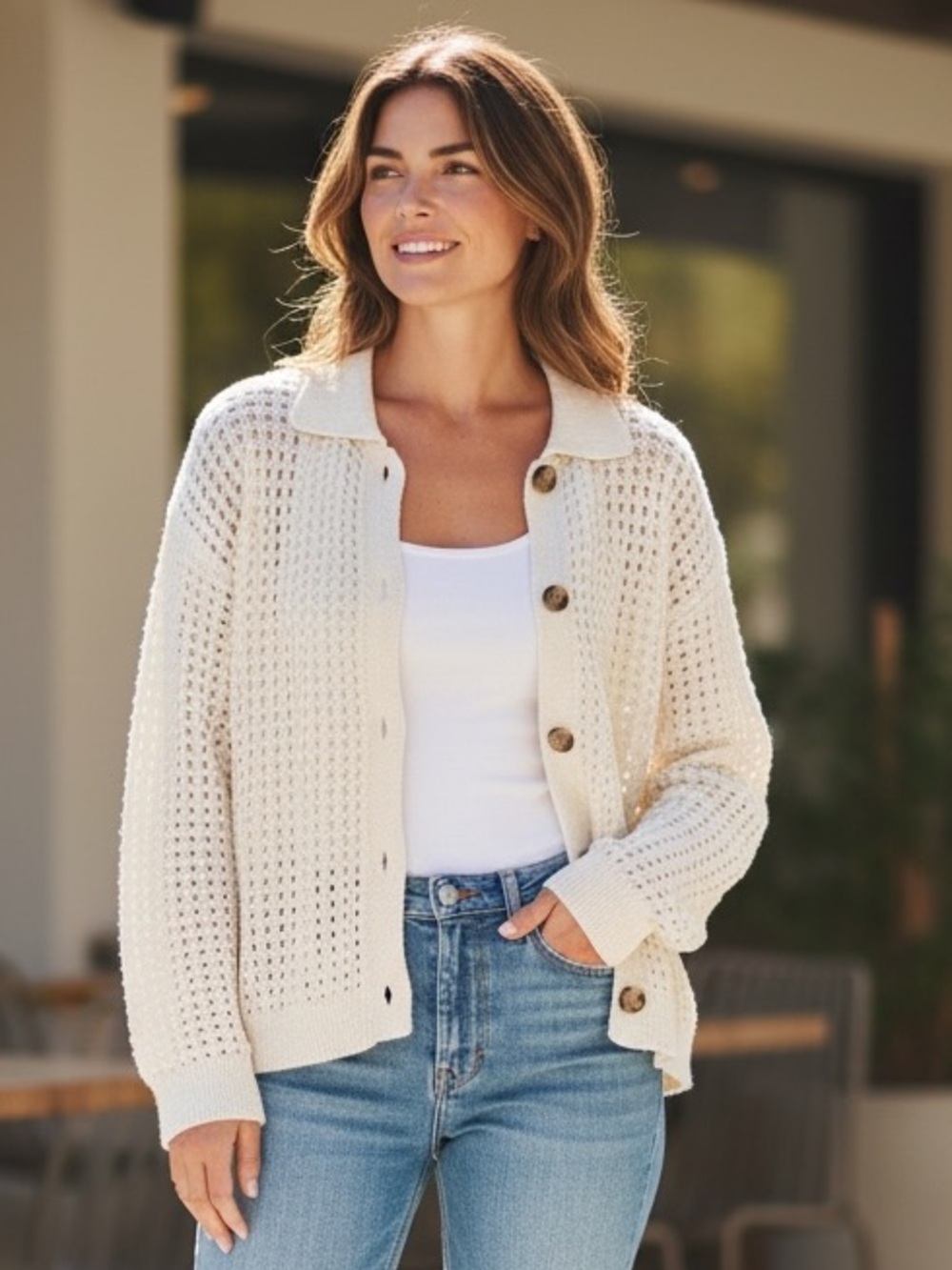 Halogen Cream Open-Knit Button-Up Collar Cardigan Large EUC